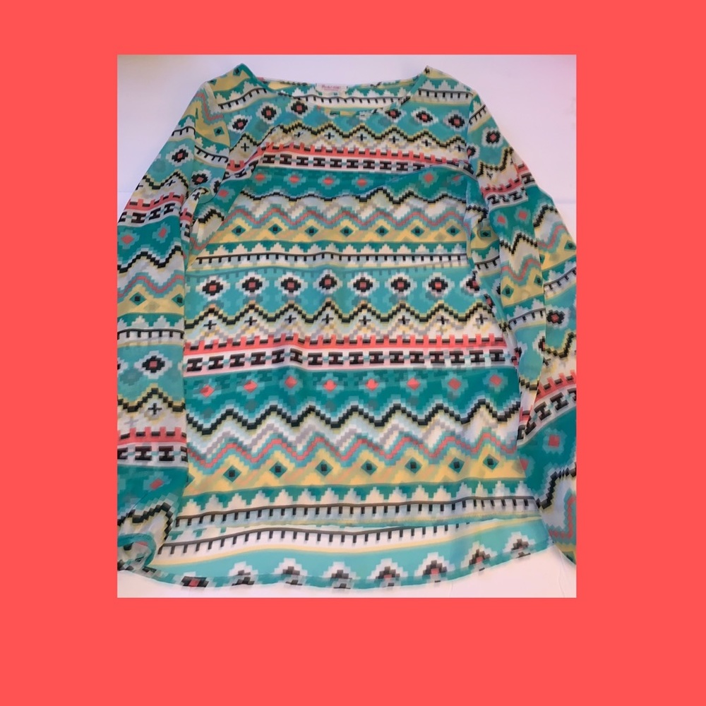 Long Sleeve Teal And Coral Shirt